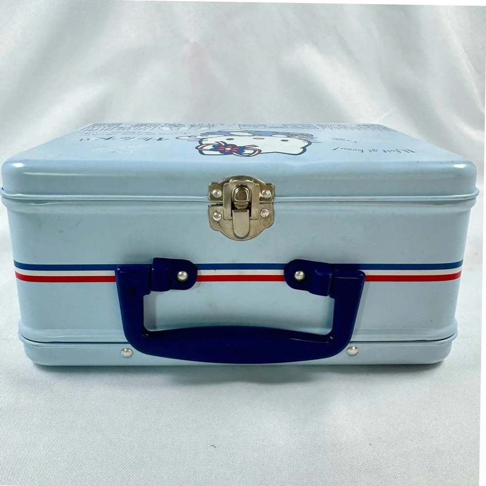 VTG 2002 Sanrio Hello Kitty Metal Lunch Box Tin French Cafe Blue Y2K Stationery